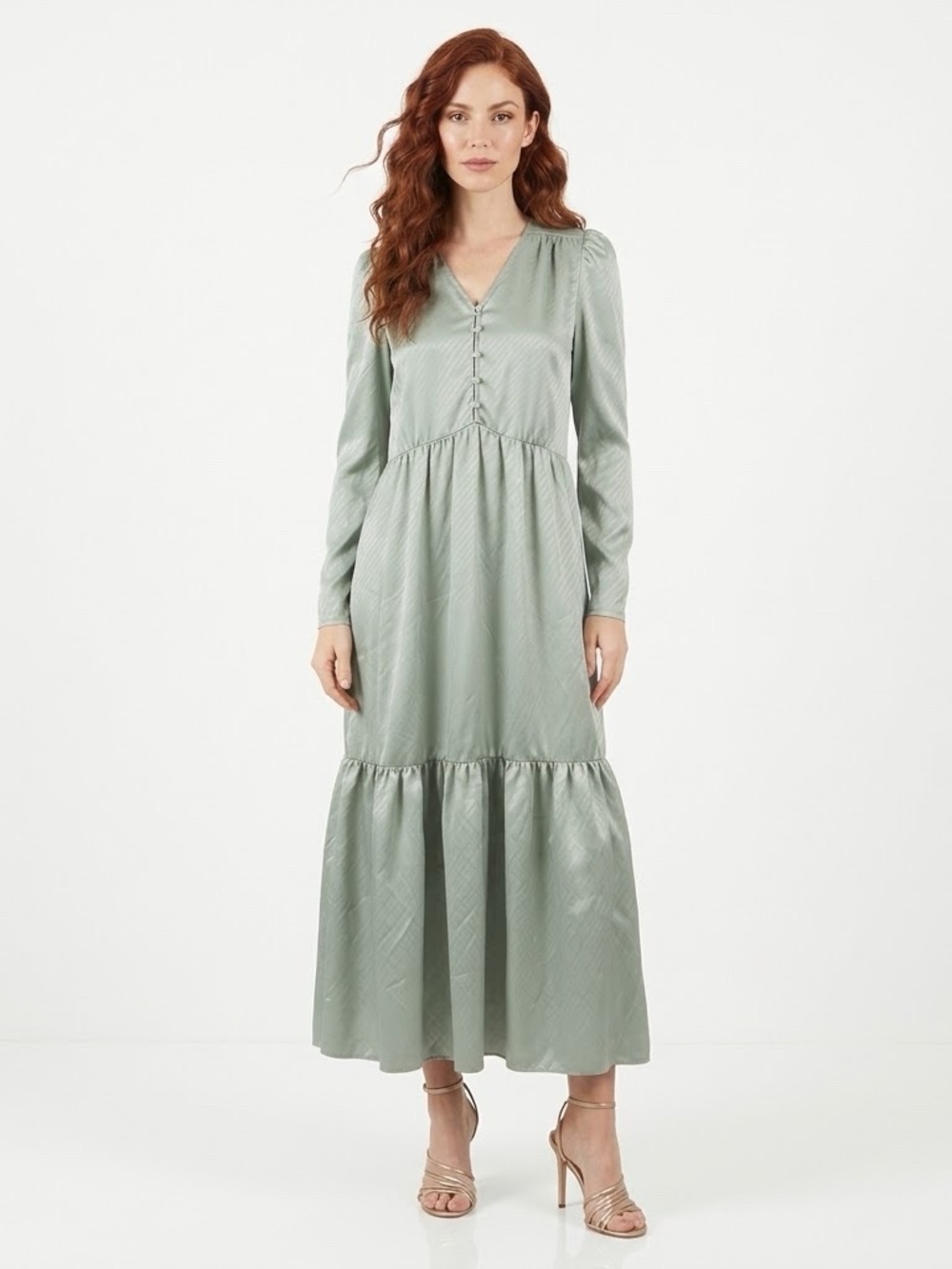 Indie and Co Sage Green Button Front Tiered Maxi Dress Size Small